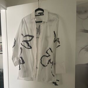 Lafayette 148 New York White Blouse with Black Floral Pattern